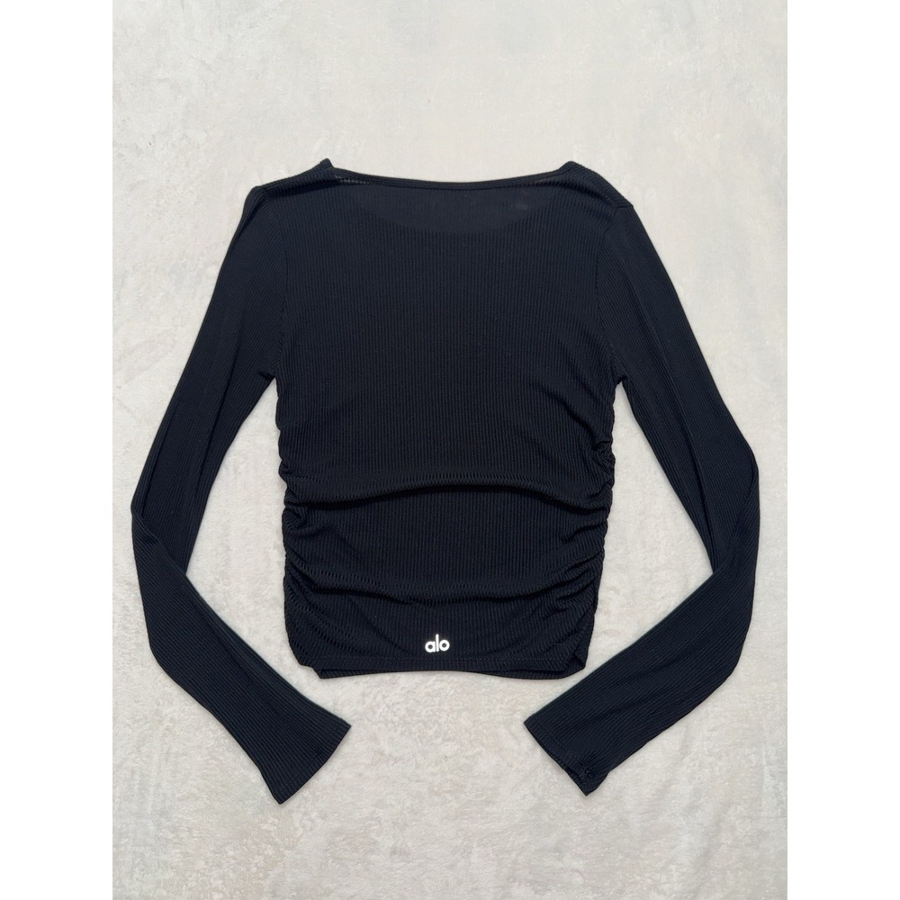 Alo Yoga Top Womens Black Gather Long Sleeve Ribbed Yoga Athleisure Size Medium